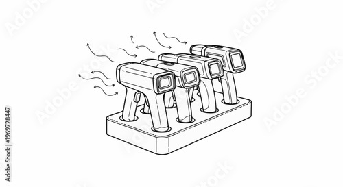 Four handheld devices with screens sit in a charging cradle