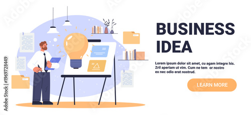 Business idea innovation concept man holding clipboard standing near light bulb on easel office workspace documents shelves modern flat design
