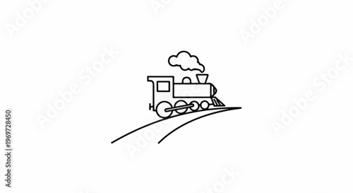 Simple line drawing of a steam locomotive on a curving track, emitting smoke