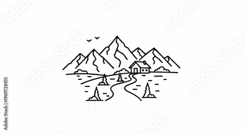 Minimalist line drawing of a scenic mountain landscape with a house