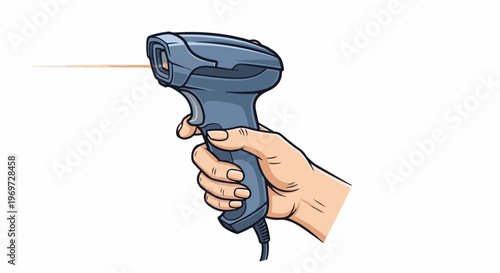 Hand holding barcode scanner with orange laser beam