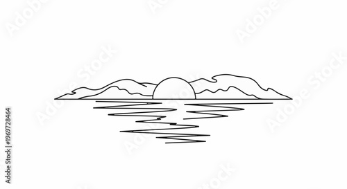 Minimalist line drawing of a sun setting over wavy water and hills