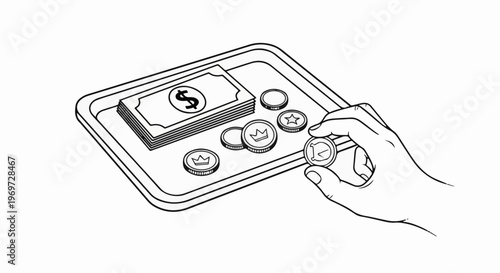 Hand holding coin over tray of cash and coins