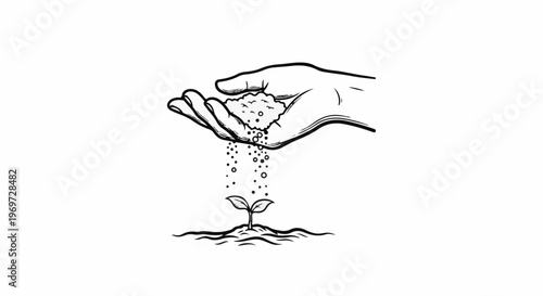 Hand holding granular material over a small plant