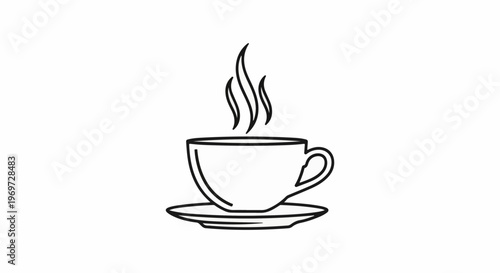 Simple line drawing of a steaming cup of coffee on a saucer