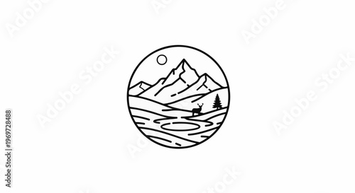 Minimalist circle design featuring mountains, a deer, tree, and water