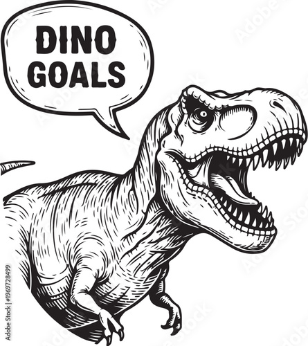 A playful depiction of a dinosaur with a speech bubble saying dino goals hand drawing illustration vector