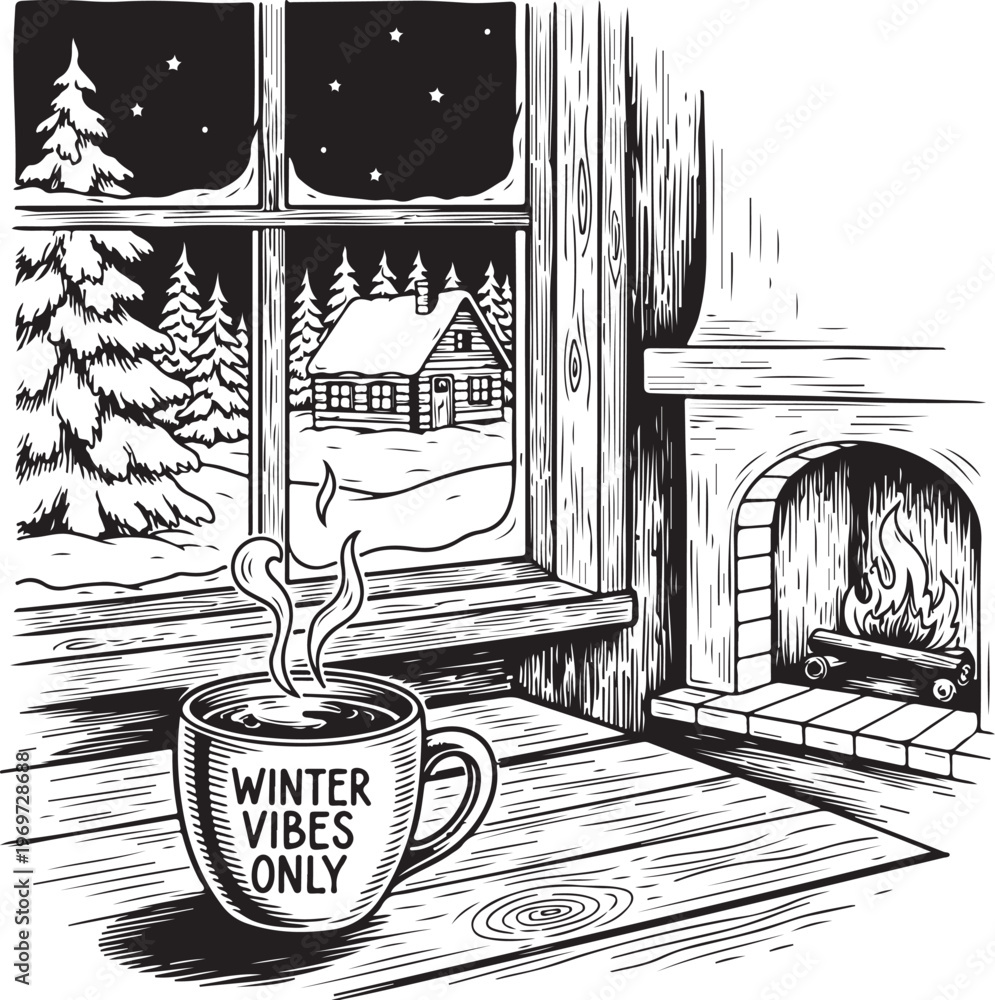 Naklejka premium Cozy winter evening by the fireplace with a steaming cup of hot drink. hand drawing illustration vector