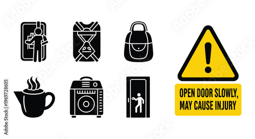Warning signs depicting door safety and potential hazards