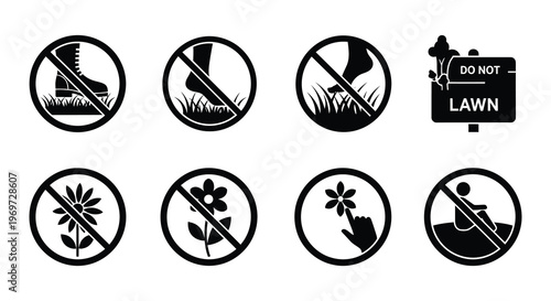 Prohibition signs depicting actions not allowed on a lawn or garden