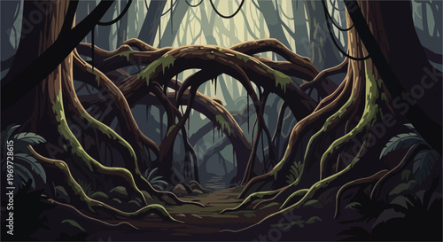 Pixel Art Dark Misty Forest Path with Twisted Roots and Dense Canopy