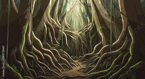 Pixel Art Illustration of a Mystical Ancient Forest Path with Large Tree Roots