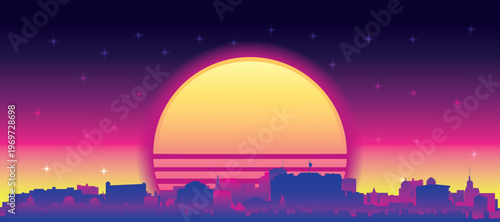 Purple generic retro futuristic synthwave panoramic poster of the city skyline with misty background sunset buildings of LIMA, PERU