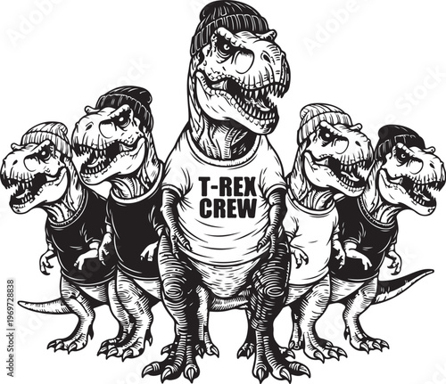 Friendly dinosaur crew sporting matching t-shirts in a group portrait. hand drawing illustration vector