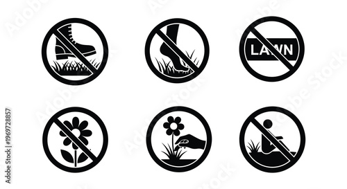 Prohibition signs depicting actions not allowed on a lawn or garden