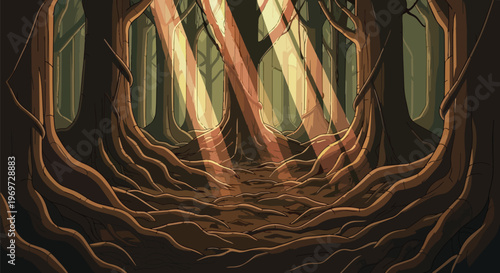 Pixel Art Forest Path with Sunbeams and Ancient Tree Roots