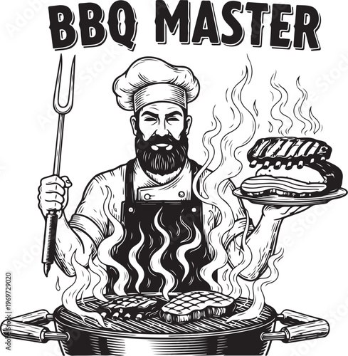 A skilled barbecue chef masterfully grilling meat over an open flame hand drawing illustration vector