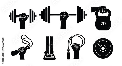 Various black silhouette fitness equipment including dumbbells kettlebell and jump rope