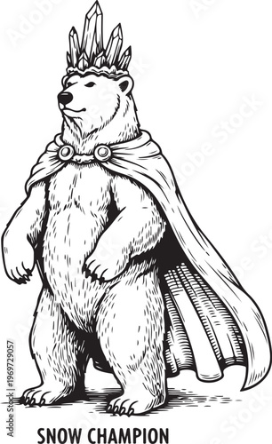 A regal polar bear crowned as the snow champion in a majestic pose hand drawing illustration vector