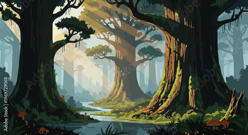 Enchanted Ancient Forest with Sunlight Beams and River Pixel Art Landscape