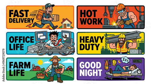 Diverse Worker Roles Sticker Banner Set for Industrial and Professional Career Concept with Fast Delivery Hot Work Office Life Heavy Duty Farm Life and Good Night Rest for Daily Job Occupation
