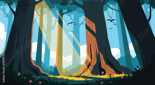 Sunlight streaming through ancient forest trees with birds flying in a peaceful woodland landscape
