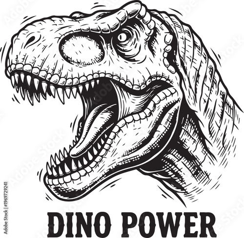 Ferocious tyrannosaurus skull with bold dino power text design hand drawing illustration vector