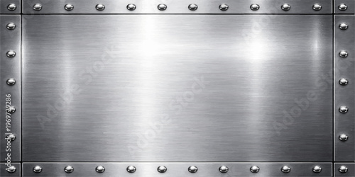 Industrial stainless steel plate background with a brushed metallic texture featuring a shiny silver surface and rivets for a gray chrome pattern design
