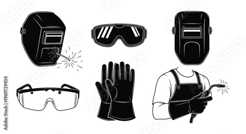 Welding equipment collection masks gloves and protective eyewear illustration