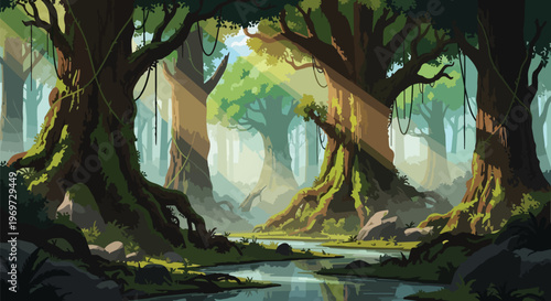 Enchanted Ancient Forest with Sunbeams and River