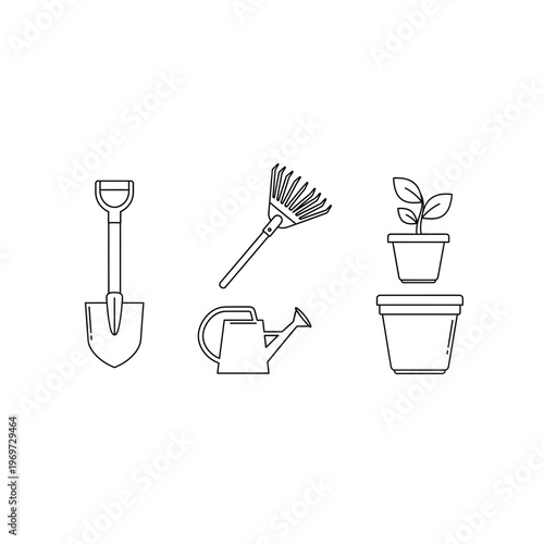 A set of gardening tools and plant pots