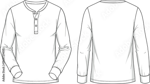 Men long sleeve henley t shirt mockup, front and back view, button placket detail, casual apparel fashion technical illustration