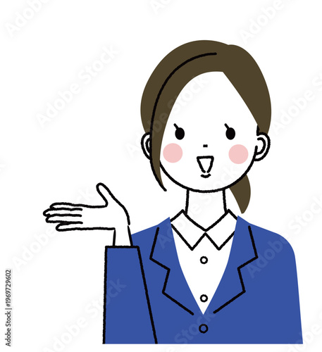 紺色のスーツを着た若い女性　右手でどうぞのポーズをする笑顔の女性