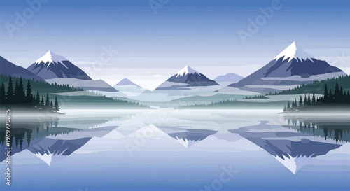 Minimalist Vector Landscape with Snowy Mountains and Reflective Lake