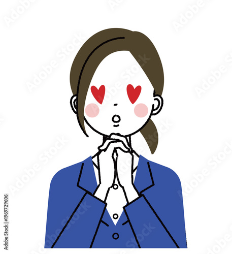 紺色のスーツを着た若い女性　うっとりとして目がハートになっている女性