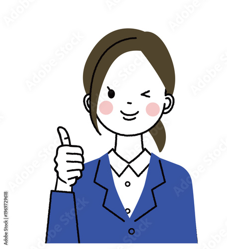 紺色のスーツを着た若い女性　ウインクしながらいいねのポーズをしている女性