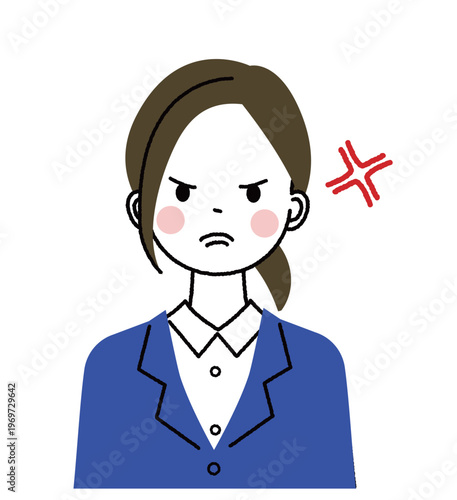 紺色のスーツを着た若い女性　怒っている女性
