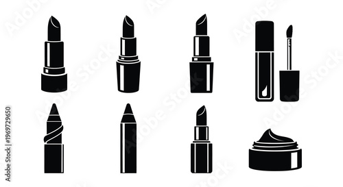 Collection of black silhouette cosmetic products including lipsticks and gloss