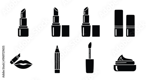 Collection of black silhouette cosmetic products including lipsticks and gloss