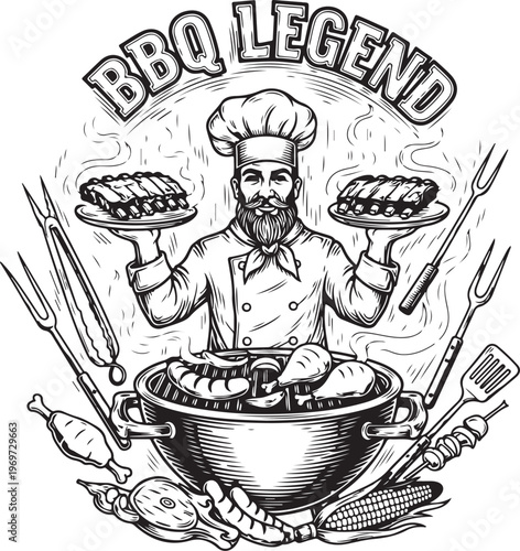 A barbecue legend chef showcasing his culinary skills and grilling mastery. hand drawing illustration vector