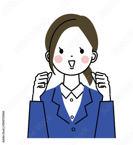 紺色のスーツを着た若い女性　ガッツポーズで応援するポーズの女性