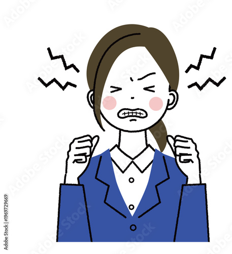 紺色のスーツを着た若い女性　イライラして怒っている女性