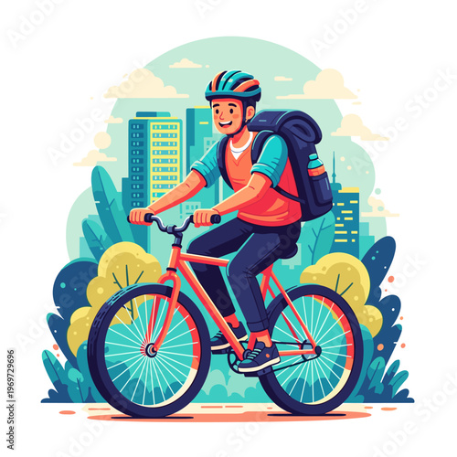 Man riding bicycle with backpack in city park flat vector illustration for delivery service