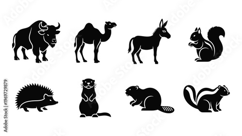 A collection of various animal shapes depicted in a flat black style including a bison camel and squirrel silhouette high quality