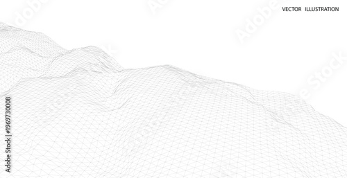 3D wireframe of contour swirl. Abstract wireframe background. Black and white wave.