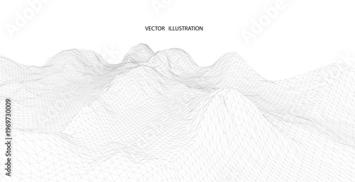 3D wireframe of contour swirl. Abstract wireframe background. Black and white wave.