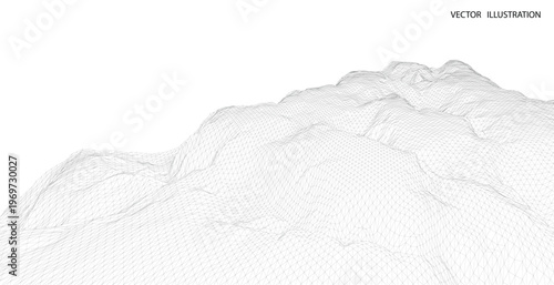 3D wireframe of contour swirl. Abstract wireframe background. Black and white wave.