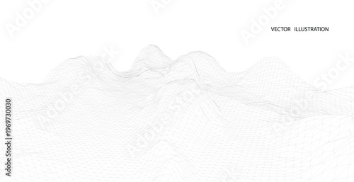 3D wireframe of contour swirl. Abstract wireframe background. Black and white wave.