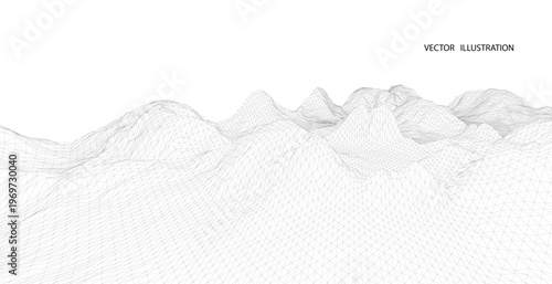 3D wireframe of contour swirl. Abstract wireframe background. Black and white wave.