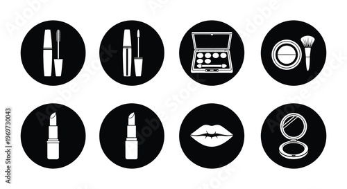 Black and white icons depicting various cosmetic products and elements